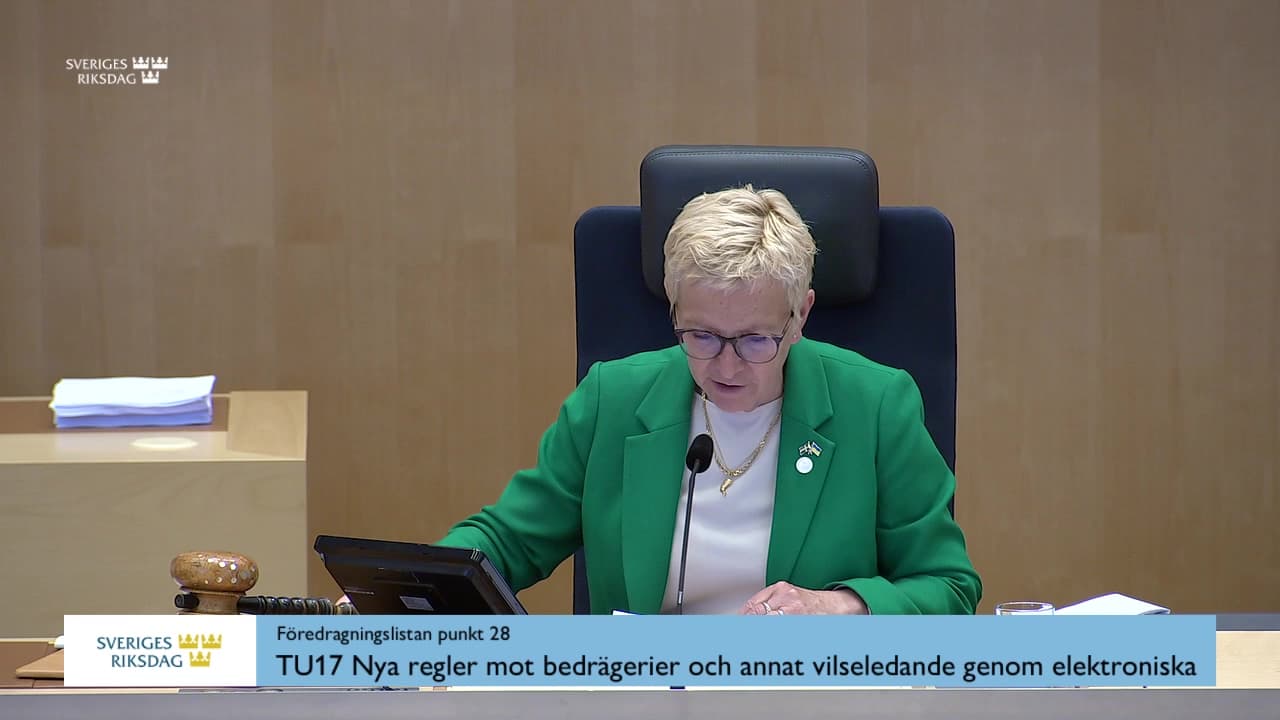 Stillbild från Debatt om förslag, Nya regler mot bedrägerier och annat vilseledande genom elektroniska kommunikationstjänster