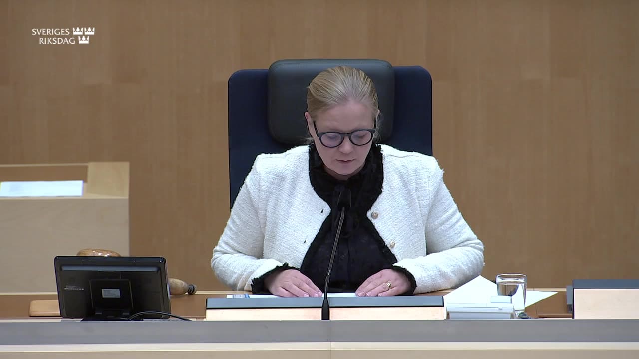 Stillbild från Val, Val till Domarnämnden, Europarådets svenska delegation samt styrelsen för Stiftelsen Riksbankens Jubileumsfond.