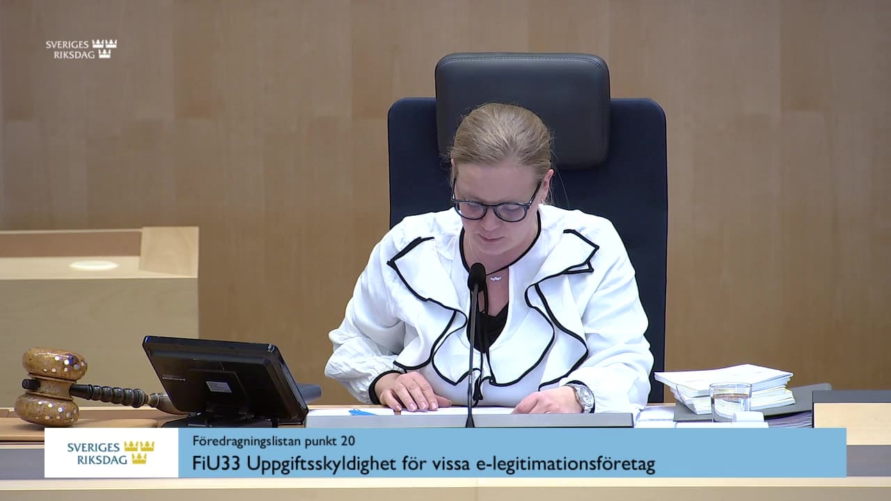 Still from Debatt om förslag, Uppgiftsskyldighet för vissa e-legitimationsföretag